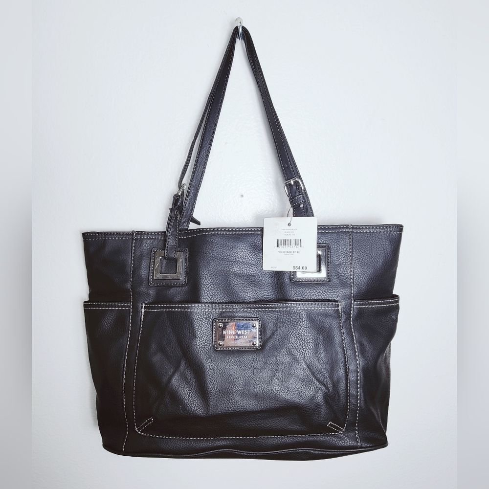 NWT Nine West Heritage Black Contrast Stitch Faux Leather Tote Bag
